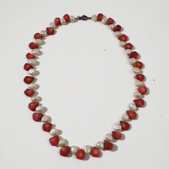 Freshwater Pearl & Teardrop Shaped Red Coral Bead Sterling Silver Necklace 20" - Picture 3 of 9